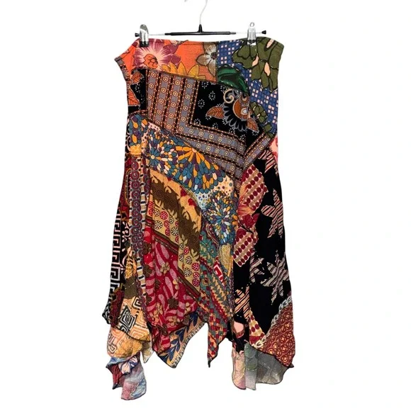 Sacred Threads Midi Skirt Handkerchief Hem Patchwork Boho Hippie Artsy Womens XL - Picture 1 of 10
